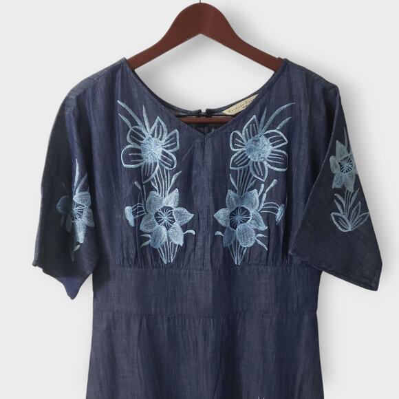 Wayward Fancies Blue Chambray Floral Embroidered Maxi Dress Sz 8-M Grandma - Picture 2 of 14